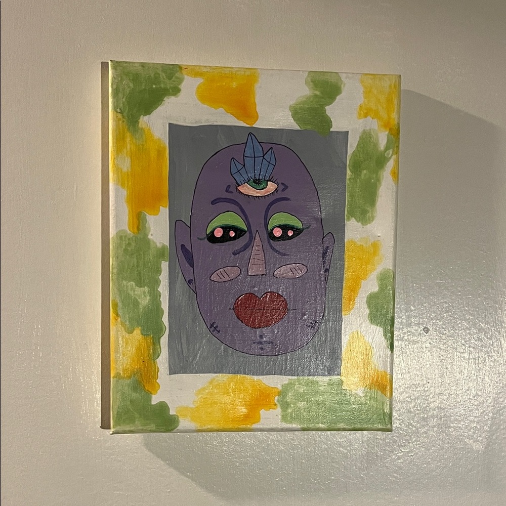 Abstract Face Art Canvas with Yellow and Green Accents- handmade